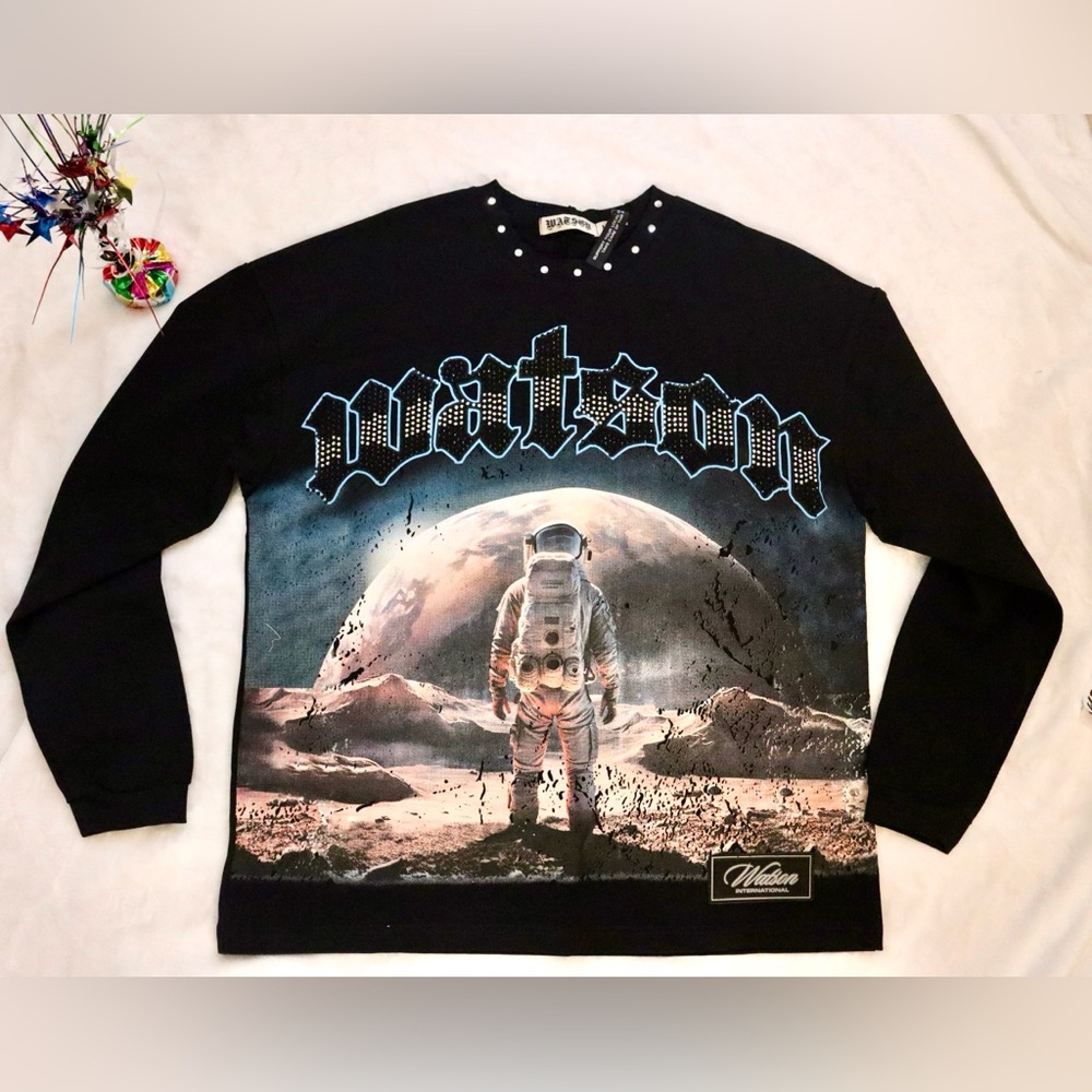Watson Graphic Rhinestone Sweatshirt  Size L Black with Astronaut Design